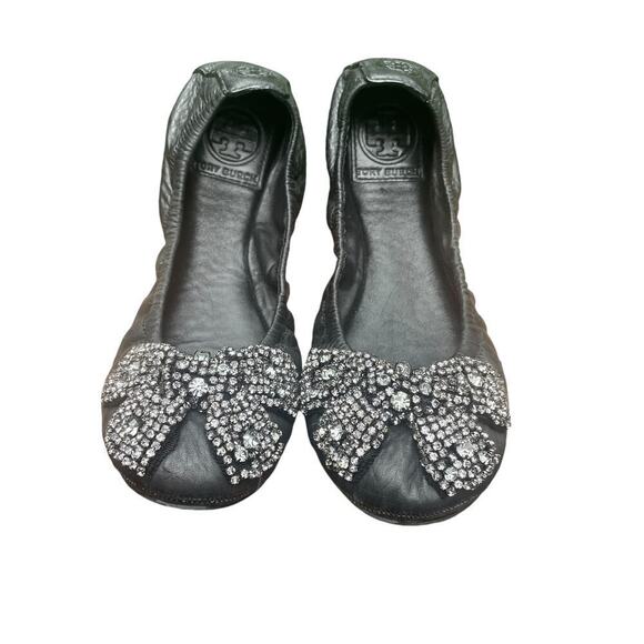 Tory Burch Eddie Black Jeweled-Bow Ballet Flats - Size 8 1/2 - Picture 1 of 16